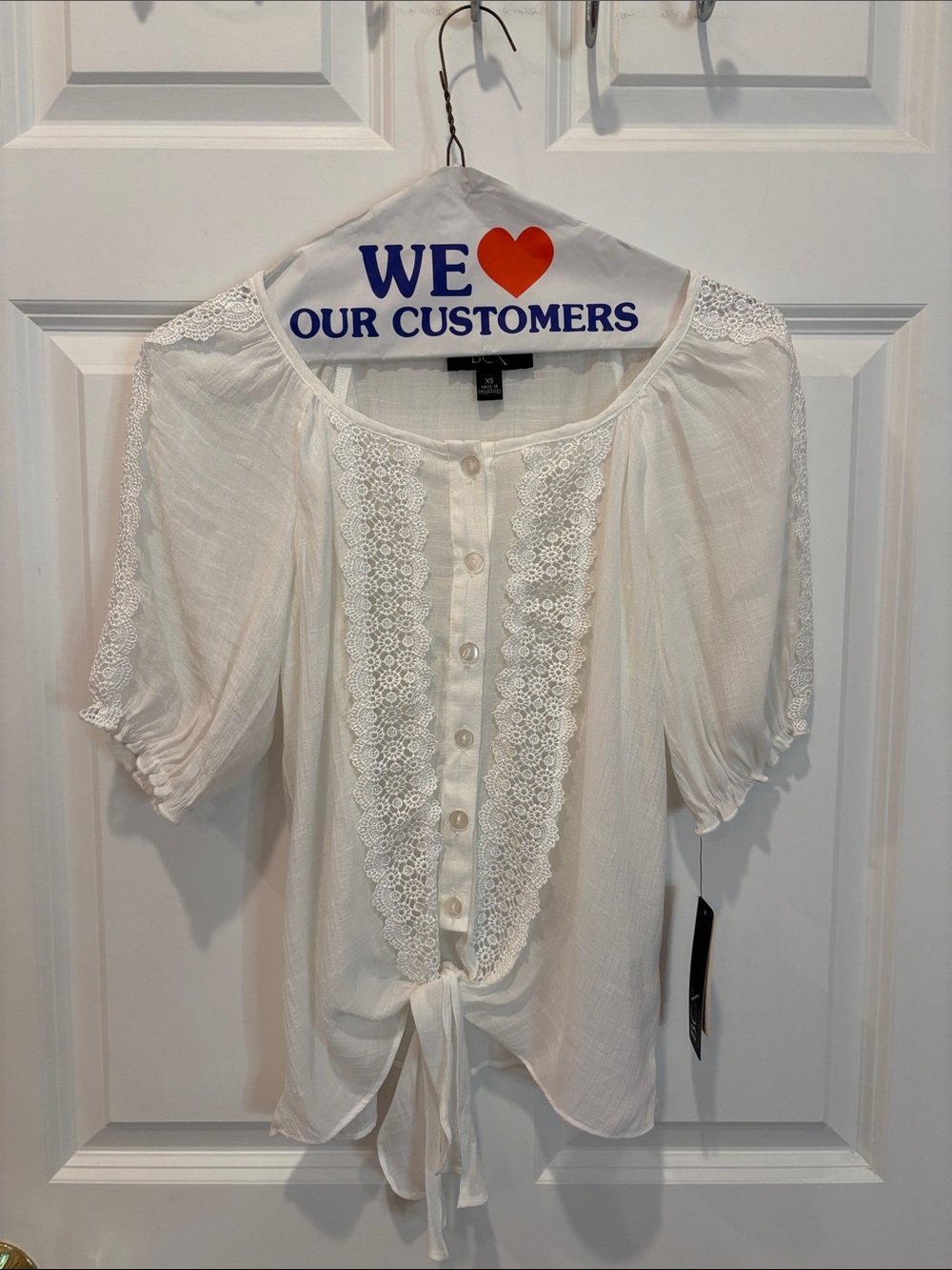 BCX White Lace-Front Button Down Tie Blouse